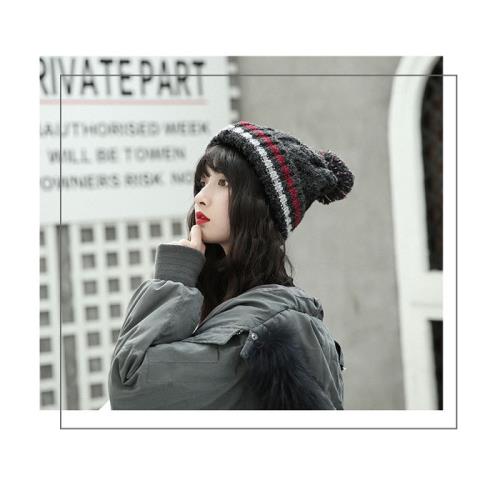 日本 BEAUTYJAPAN 羊毛抗寒保暖加厚內絨毛麻花毛球針織毛線帽0082黑