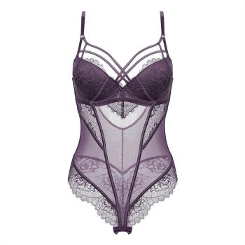 【PinLe】法式蕾絲透明性感聚攏上托修身連身衣(紫) bra-A006