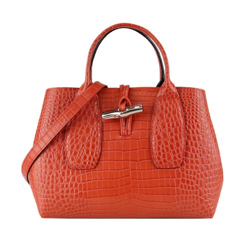 LONGCHAMP ROSEAU系列竹節鱷魚紋小牛皮手提/斜背兩用包(中/ 珊瑚紅)