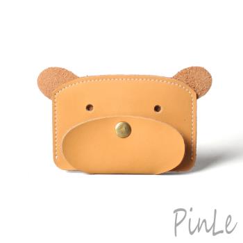 PinLe 真皮手作日系質感牛皮零錢卡夾包 鑰匙包 耳機包 (小熊)