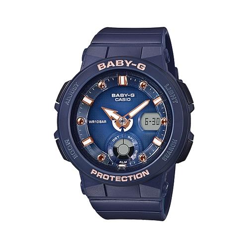 【CASIO 卡西歐】BABY-G 海洋風情雙顯女錶 橡膠錶帶 霓虹照明 深藍 防水100米(BGA-250-2A2)