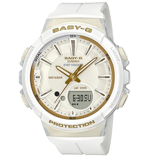 【CASIO 卡西歐】BABY-G 時尚運動雙顯女錶 樹脂錶帶 白X金 防水100米(BGS-100GS-7A)