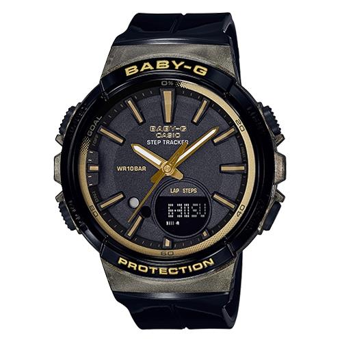 【CASIO 卡西歐】BABY-G 時尚運動雙顯女錶 樹脂錶帶 黑X金 防水100米(BGS-100GS-1A)