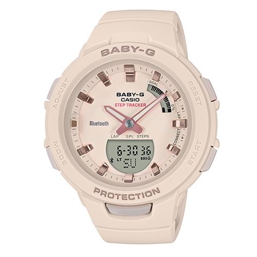 【CASIO 卡西歐】BABY-G 時尚運動藍牙雙顯錶 杏粉 防水100米 計步器(BSA-B100-4A1)