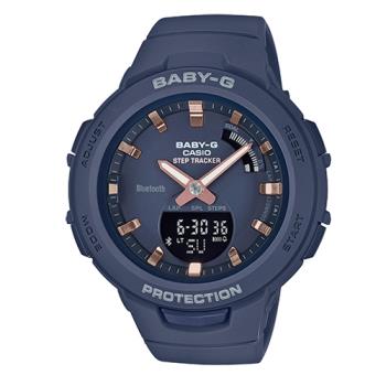 【CASIO 卡西歐】BABY-G 時尚運動藍牙雙顯錶 深海藍 防水100米 計步器(BSA-B100-2A)