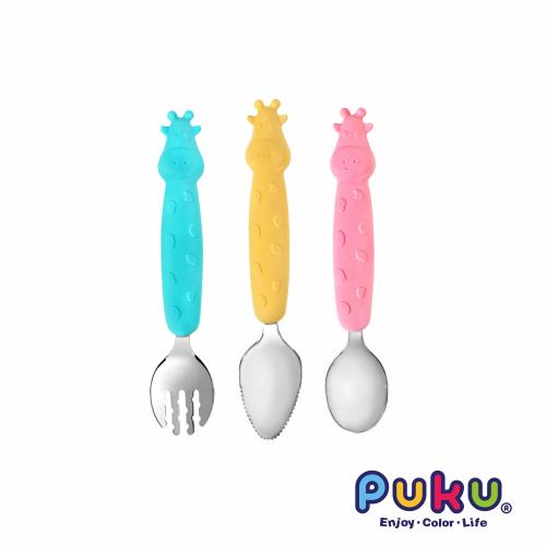 【PUKU藍色企鵝】 長頸鹿不鏽鋼叉勺3入組-混色(含盒)