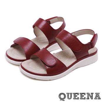 【QUEENA】經典純色素面魔鬼粘造型舒適厚底涼鞋 紅