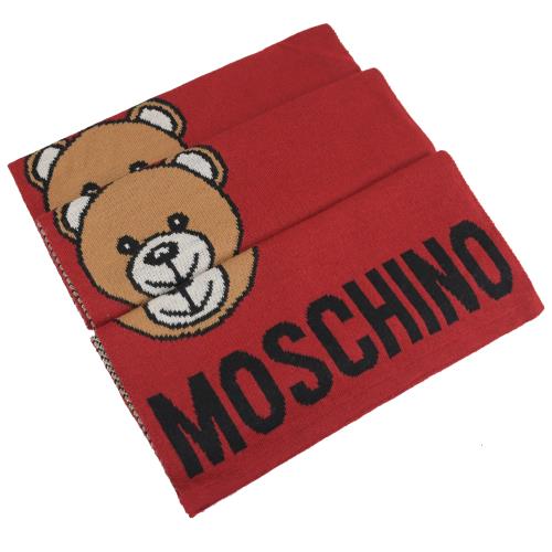 MOSCHINO 30571 M1856 刺繡泰迪熊混織羊毛圍巾.紅