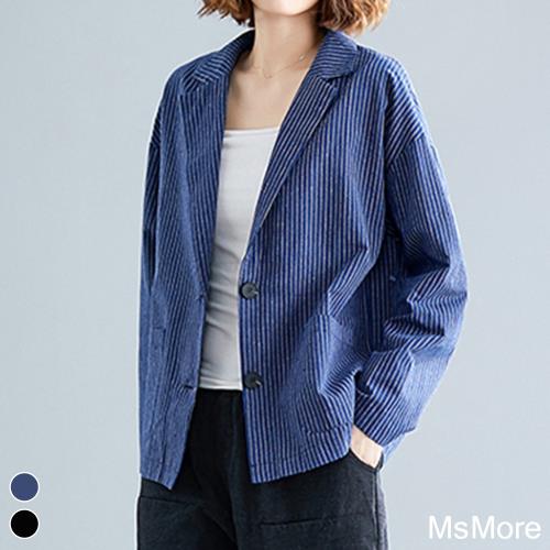 【MsMore】日俐落大方大碼棉麻條紋西裝外套#107466現貨+預購(深藍)