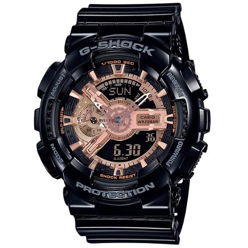 【CASIO 卡西歐】G-SHOCK 潮流雙顯男錶 橡膠錶帶 黑X玫瑰金 防水200米(GA-110MMC-1A)