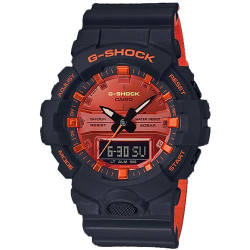 【CASIO 卡西歐】G-SHOCK 酷炫雙顯男錶 橡膠錶帶 黑X橘 防水200米(GA-800BR-1A)