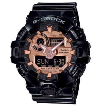 【CASIO 卡西歐】G-SHOCK 潮流雙顯男錶 橡膠錶帶 黑X玫瑰金 防水200米(GA-700MMC-1A)