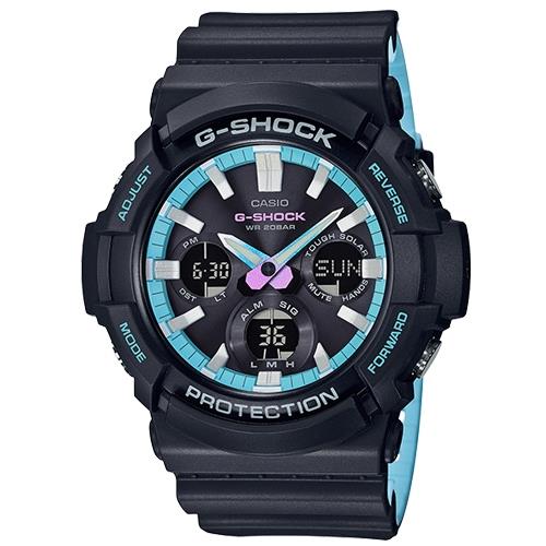 【CASIO 卡西歐】G-SHOCK 雙顯男錶 樹脂錶帶 深灰Ｘ霓虹藍 太陽能電力 防水200米 世界時間(GAS-100PC-1A)