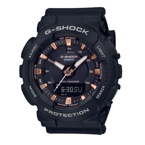 【CASIO 卡西歐】G-SHOCK 運動雙顯女錶 橡膠錶帶 黑X金 防水200米 計步器(GMA-S130PA-1A)