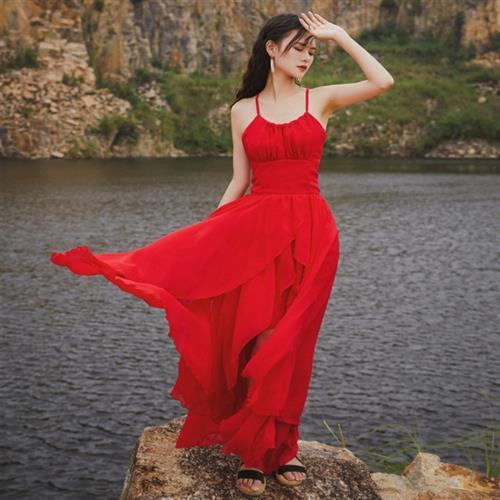 維拉森林-性感紅色吊帶交叉露背渡假洋裝長裙S-XL