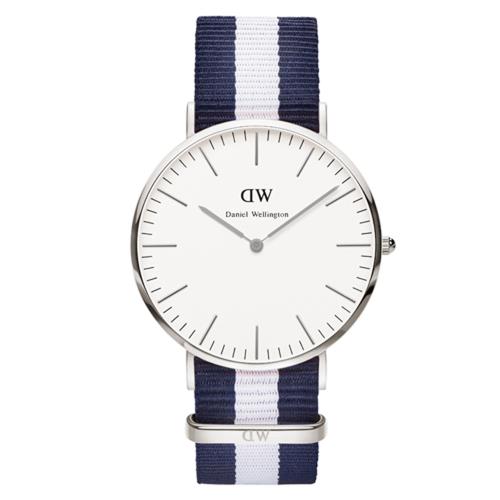 DW Daniel Wellington 經典藍白帆布錶帶-銀框/40mm(0204DW)