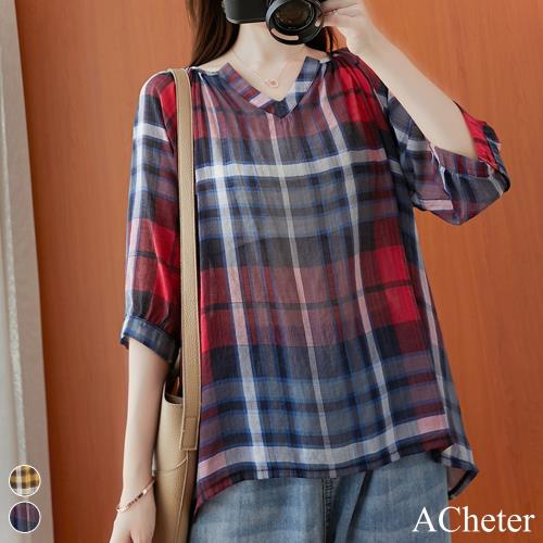 【ACheter】克羅埃西亞格紋絲棉麻七分袖寬鬆上衣#107388現貨+預購j(2色)