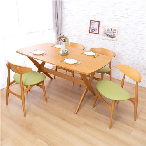 【AS】亞摩斯實木餐桌與巴頓綠皮實木餐椅(一桌四椅組合)