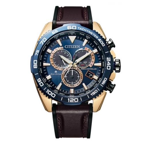 CITIZEN星辰 光動能 冒險者電波碼錶三眼計時腕錶 藍x金 CB5039-11L