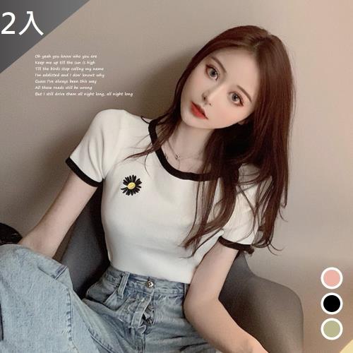 QIDINA 女生百搭素面小花透氣短袖-2入組