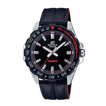 【CASIO 卡西歐】EDIFICE 簡約時尚指針男錶 皮革錶帶 黑紅跳色 防水100米(EFV-120BL-1A)