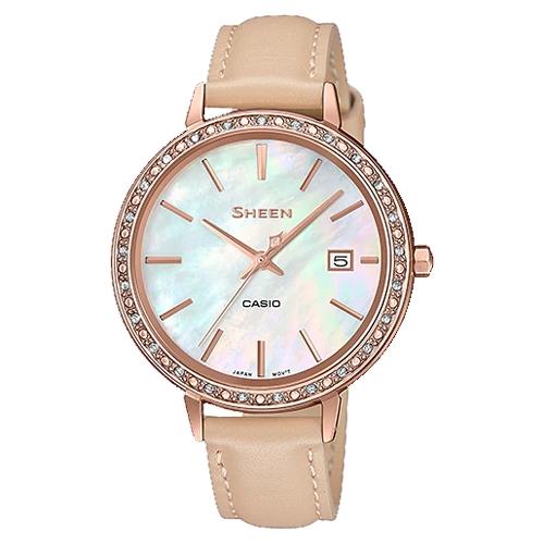 【CASIO 卡西歐】SHEEN 奢華三針女錶 皮革錶帶 駝色x玫瑰金 珍珠母錶面(SHE-4052PGL-7B)