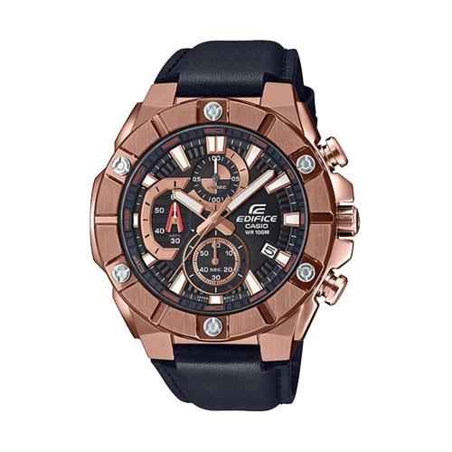 【CASIO 卡西歐】EDIFICE 奢華金鑽型男三眼錶 皮革錶帶 黑金 防水100米 日期顯示(EFR-569BL-1A)