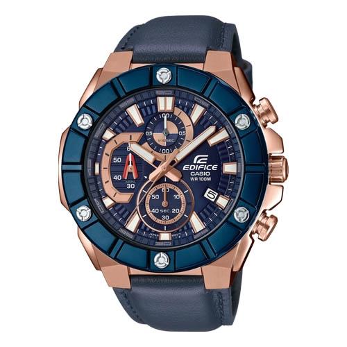 【CASIO 卡西歐】EDIFICE 奢華金鑽型男三眼錶 皮革錶帶 藍金 防水100米 日期顯示(EFR-569BL-2A)