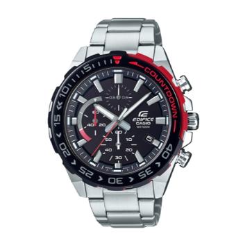 【CASIO 卡西歐】EDIFICE 運動時尚三眼男錶 不鏽鋼錶帶 紅黑跳色 防水100米(EFR-566DB-1A)