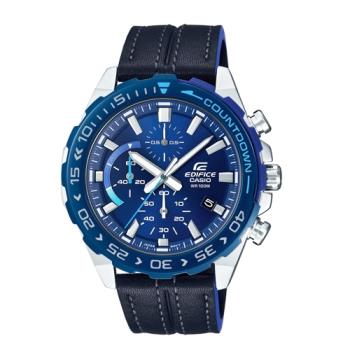 【CASIO 卡西歐】EDIFICE 時尚三眼男錶 皮革錶帶 藏青藍 日期顯示 防水100米(EFR-566BL-2A)