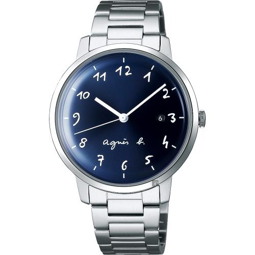 agnesb.簡約時尚手寫時標手錶-藍x銀/37mmVJ32-KZD0B(BG8006X1)