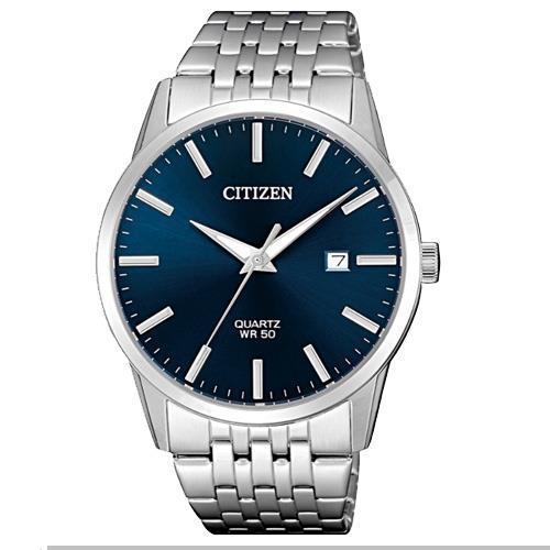 【CITIZEN 星辰】石英指針男錶 不鏽鋼錶帶 藍色錶面 日常生活防水 強化玻璃鏡面(BI5000-87L)