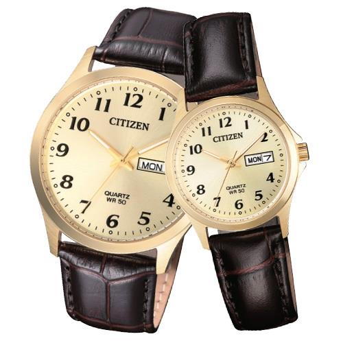 【CITIZEN 星辰】石英指針對錶 皮革錶帶 金色錶面 防水50米 日期/星期顯示(BF5002-05P+EQ2002-07P)