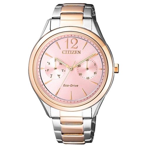 【CITIZEN 星辰】光動能指針女錶 不鏽鋼錶帶 粉色錶面 防水 日期/星期顯示(FD4026-81X)