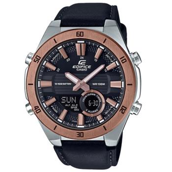 【CASIO 卡西歐】EF 雙顯男錶 皮革錶帶 黑X玫瑰金 防水100米 十年電力(ERA-110GL-1A)