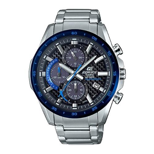 CASIO 卡西歐】EDIFICE 太陽能賽車三眼不鏽鋼錶帶黑x藍碳纖維轉盤防水