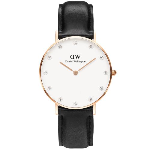 DW Daniel Wellington 施華洛世奇水晶黑色皮革腕錶-金框/34mm(0951DW)
