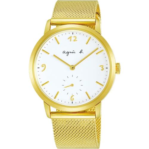 【agnes b.】 法式簡約米藍帶手錶-白X金/37mm(AG-VD78-KLB0K BN4008X1)