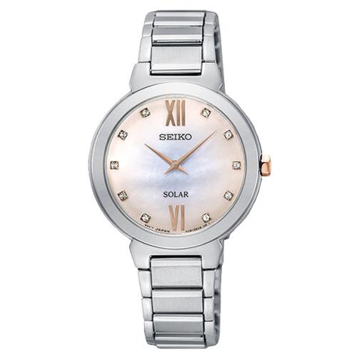 【SEIKO 精工】太陽能女錶 不鏽鋼錶帶 珍珠貝錶面 防水 晶鑽刻度(SUP381P1)