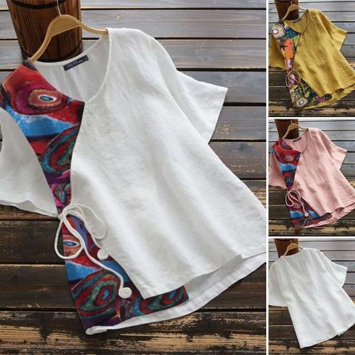 麗莎熊 LisaBear 春夏圓領印花拼接綁帶棉質上衣 M~5XL 三色可選