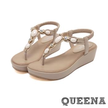 【QUEENA】時尚民族風美鑽寶石T字造型厚底夾腳涼鞋 杏