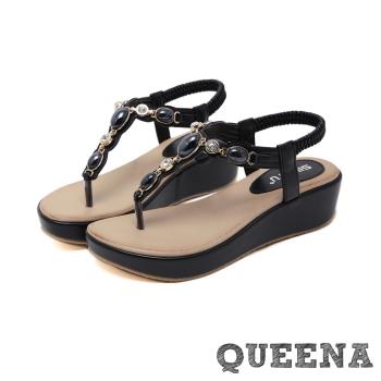 【QUEENA】時尚民族風美鑽寶石T字造型厚底夾腳涼鞋 黑