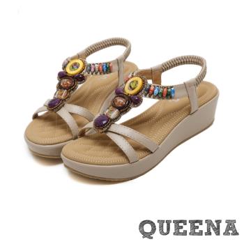 【QUEENA】時尚民族風波希米亞串珠寶石交叉繫帶坡跟厚底涼鞋 杏