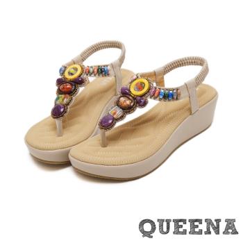 【QUEENA】時尚民族風波希米亞串珠波跟厚底夾腳涼鞋 米