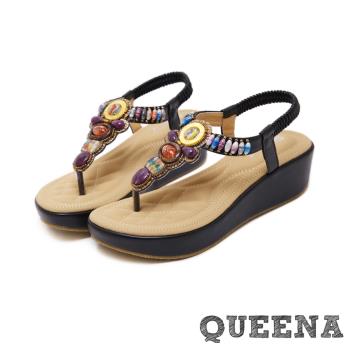 【QUEENA】時尚民族風波希米亞串珠波跟厚底夾腳涼鞋 黑