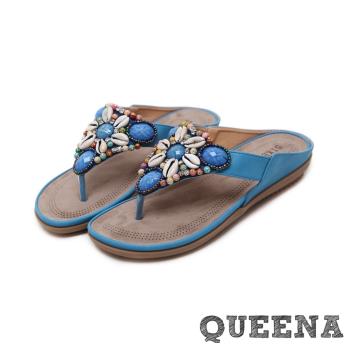 【QUEENA】時尚波希米亞貝殼串珠飾面度假風人字平底拖鞋 藍