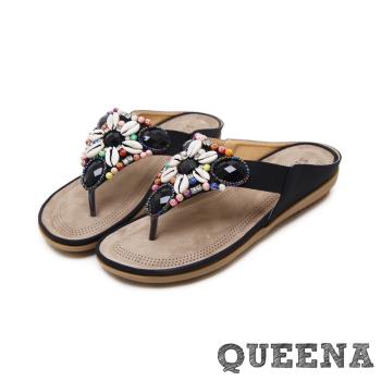 【QUEENA】時尚波希米亞貝殼串珠飾面度假風人字平底拖鞋 黑