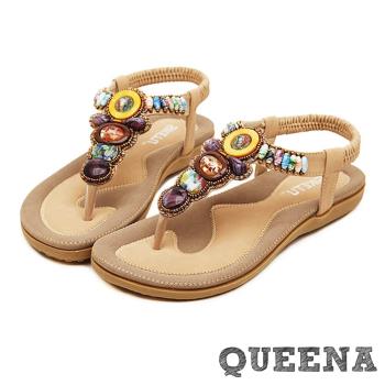 【QUEENA】繽紛寶石時尚民族風串珠T字羅馬涼鞋 米
