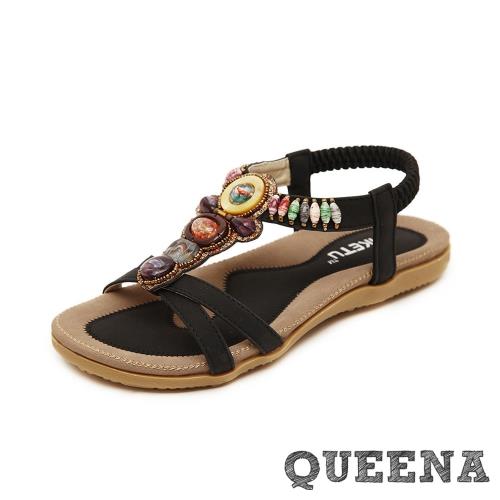 【QUEENA】繽紛寶石時尚民族風串珠交叉T字羅馬涼鞋 黑