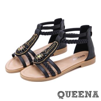 【QUEENA】波希米亞風個性串珠縷空線條拼接低跟羅馬涼鞋 黑